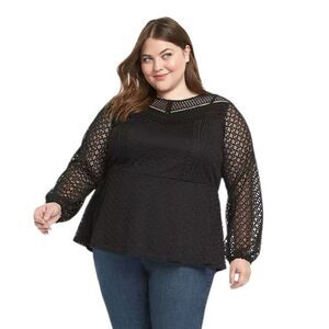 Lane Bryant Black Mock-Neck Illusion Lace Peplum Blouse Women's Plus Size 30/32